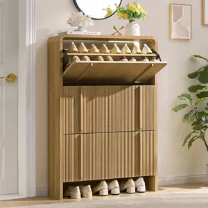 AMERLIFE Shoe Cabinet with 3 Flip Drawers, Fluted Shoe Organizer with Adjustable Shelf for Space-Saving, Freestanding Shoe Storage Rack for Entryway, Hallway