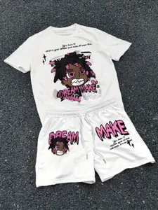 Summer Breathable Two-Piece Set, Cartoon Pattern Round Neck T-Shirt and Drawstring Shorts, Ideal for Outdoor Activities and Backpack Travel