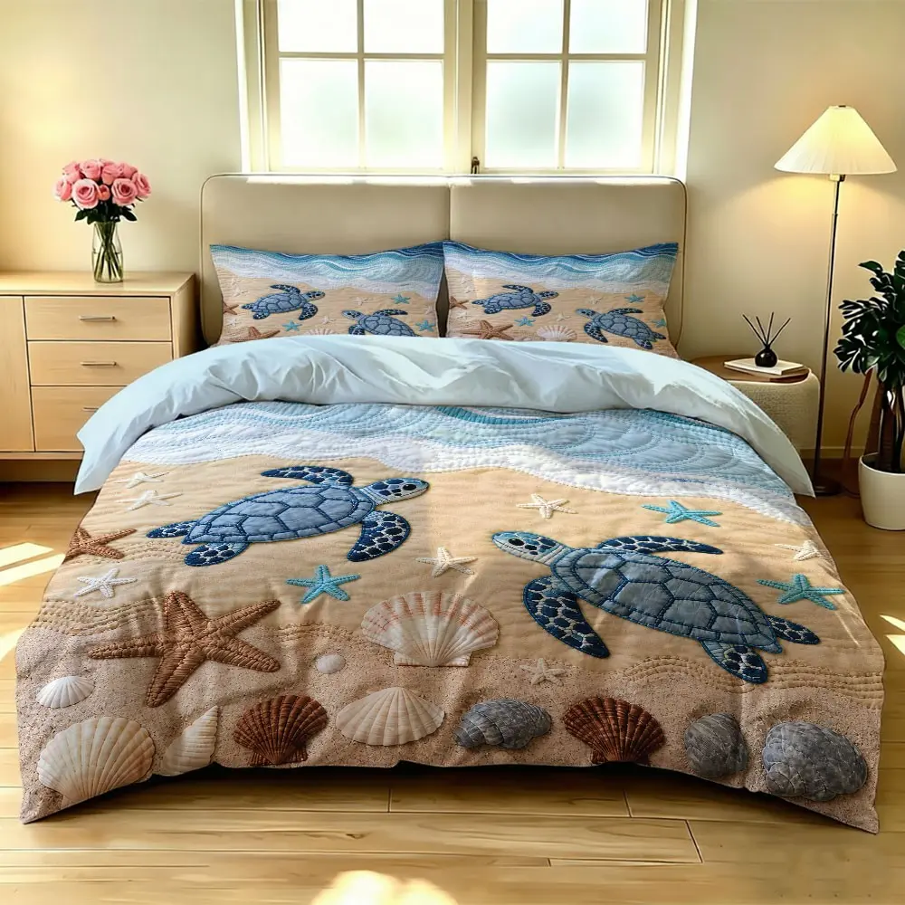 3-piece Quilted Ocean Wind Turtle Quilt Set, including 1 duvet cover and 2 pillowcases, without blankets or pillowcases, soft and comfortable, suitable for bedrooms, hotels, and school dormitories, Comfy Bedding Sets, Duvet Cover Sets
