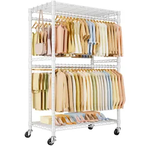 P4 Plus ULIFHOME Rolling Clothing Racks for Hanging Clothes, Heavy Duty,  Free Standing Garment Racks with Wheels, Portable Closet Rack 45''W × 20.5''D × 80.5''H, Max Load 570 Lbs, White
