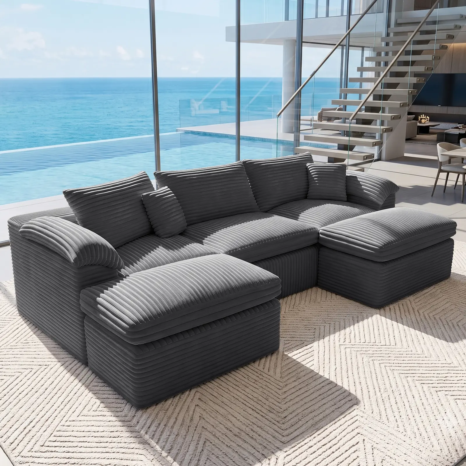 【New Style Drop】  BLLYYUV 106in Double-Layer Corduroy Modular Sofa Set (No Frame, 2 Footrests, 2 Packages) - Reconfigurable Corner Design, Enhanced Comfort, Protective Layer, Ideal for Living Rooms