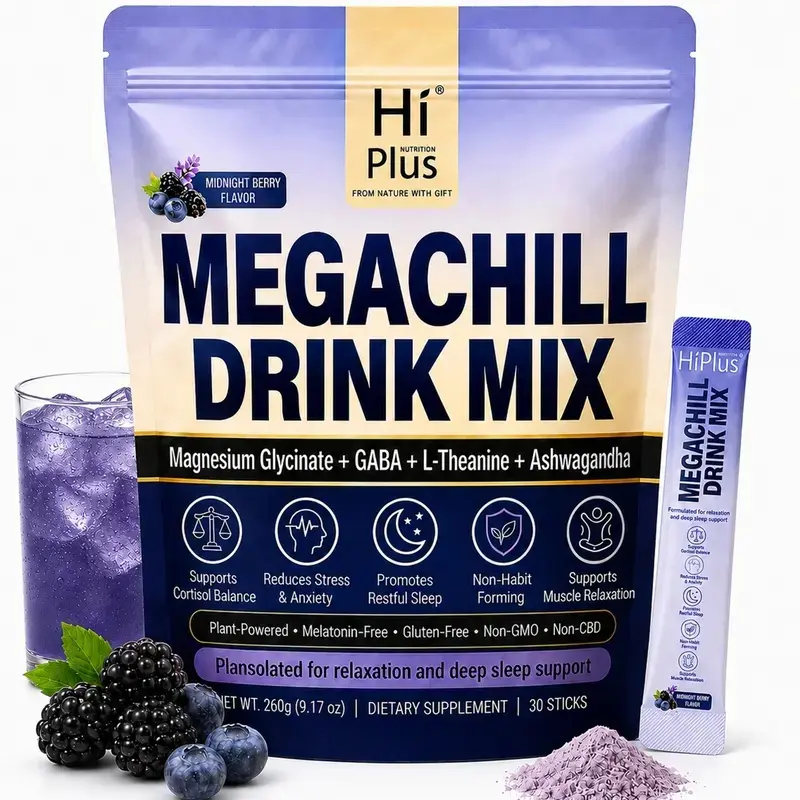HiPlus MEGACHILL Powdered Supplement Drink Mix - Sleep, Mood & Cortisol Balance Support with KSM-66 Ashwagandha, Magnesium, L-Theanine - 30 Travel Packets
