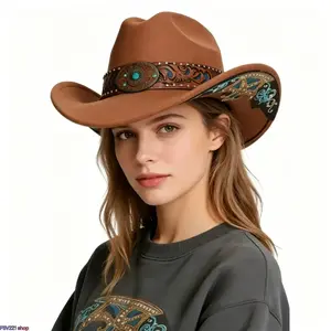 Vintage Carved Western Cowboy Hat, Turquoise Stud Wool Felt Fedora, Bohemian Sun Protection Dress Cap, Retro Classic Fashion Headwear, Ideal for Rodeo Show, Country Concert, Cowboy Costume, Outdoor Travel & Western Style Gift