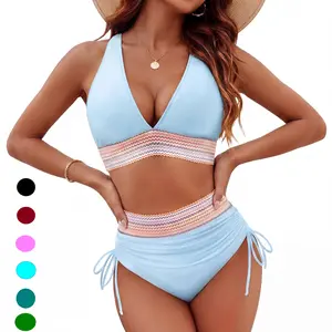 Luna&Lace Women 2-pieces Stylishmom High Waisted Bikini Sets, Tummy Control Swimsuit，with Adjustable Wide ShoulderStraps Color Block Drawstring Bathing Suit#SwimWeek #Summervibes, Colorblock Print Bikini, Swimwear Bikini