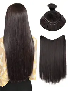 24-Inch Invisible Clip-In Wig, Straight Long Synthetic Hair Extension, 4 Clips, Party Accessory, Women's Daily Use
