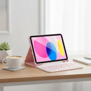 iPad 11/10th Gen Case with Detachable Bluetooth Keyboard – Pencil Holder, Square Keycaps, Pink, Compatible with iPad A16 2025 & 10th Gen 2022