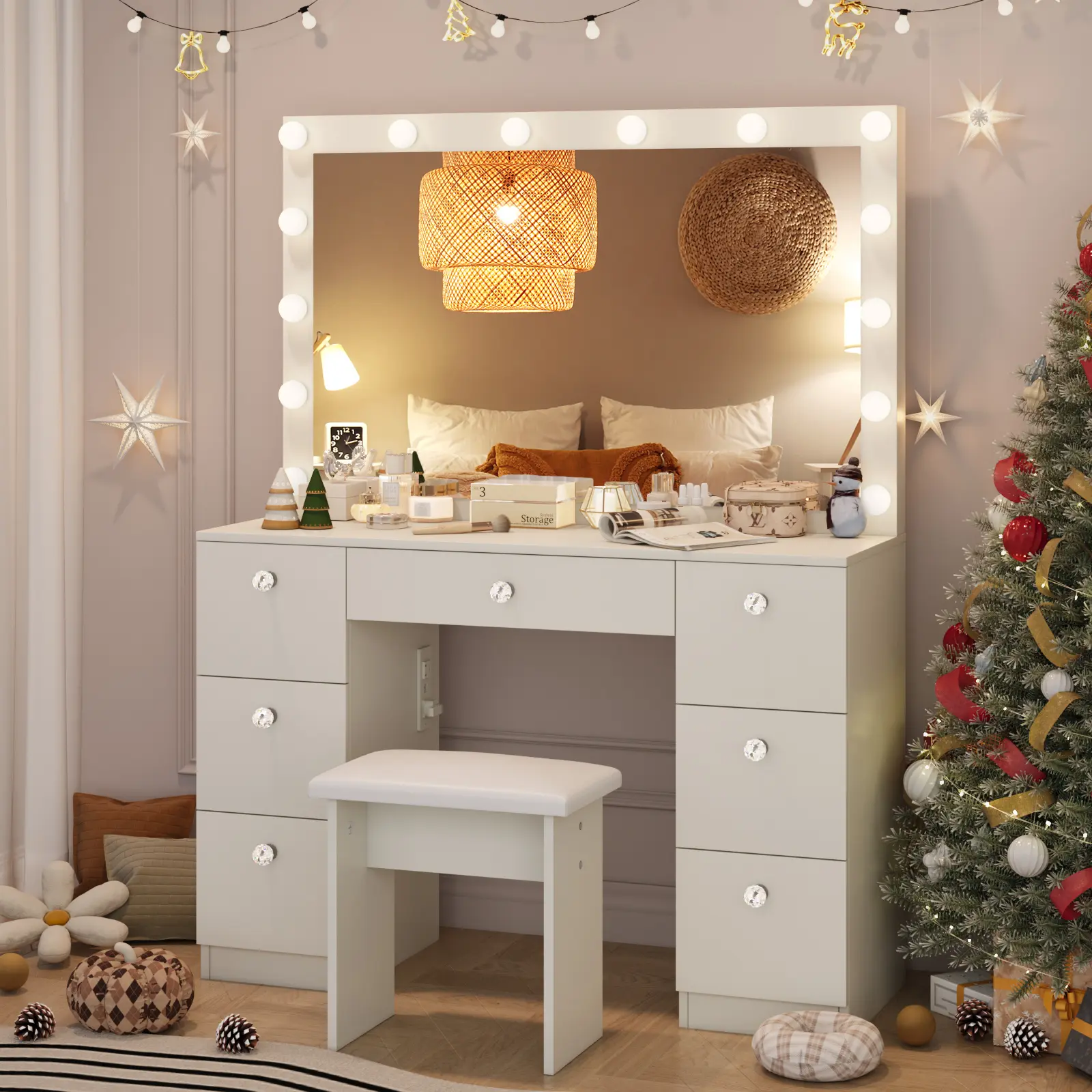 VOWNER 58"Tall Makeup Vanity Desk Set With Power Outlet, 14 Bulbs And Mirror, 7 Drawers tiktokshopbacktoschool