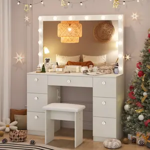 VOWNER 58"Tall Makeup Vanity Desk Set With Power Outlet, 14 Bulbs And Mirror, 7 Drawers