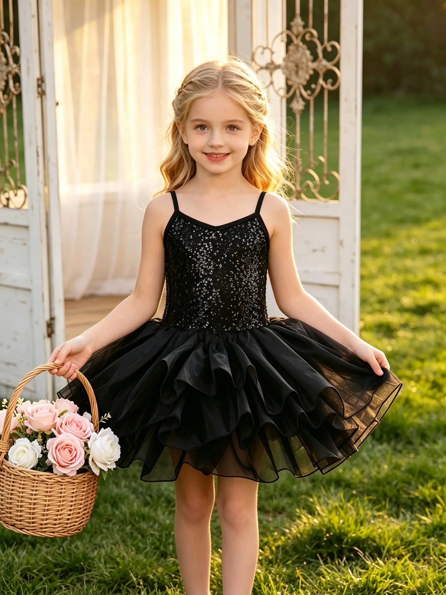 Girls' Spaghetti Strap Sequin Tutu Dress, Sparkly Ballet Dance Outfit for Recitals, Parties