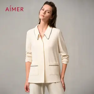 AIMER Long Sleeve Pajama Set Soft Warm Lightweight Fabric Relaxed Loose Fit V Neck 2 Piece Cozy Sleepwear Matching Loungewear Nightwear with Front Pockets Minimalist Basic Womenswear Fall Essentials Black Friday Comfort Daily Wear TikTokShopHolidayHaul