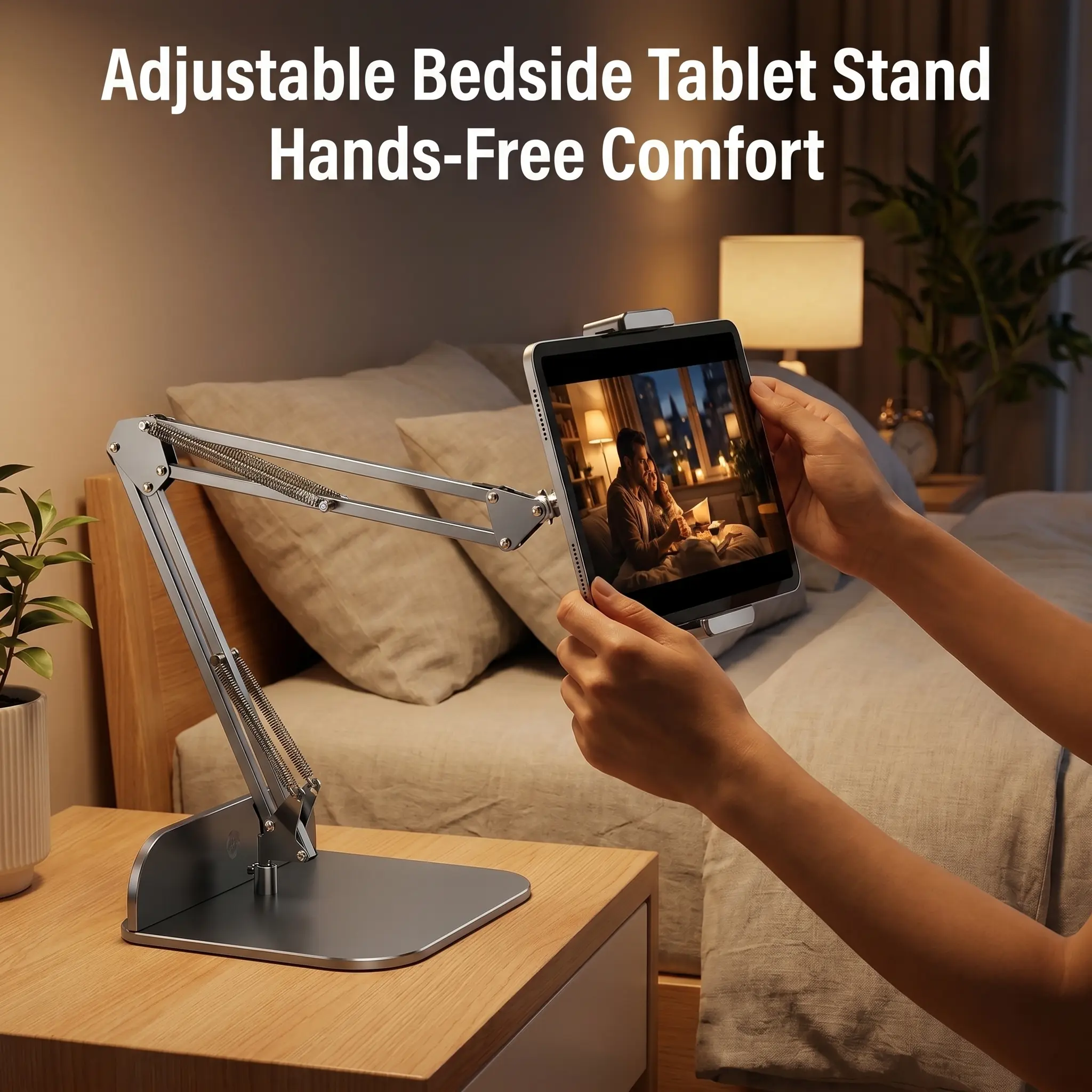 1 Count Bedside Tablet Stand with Metal Base, Universal Holder for Phone and iPad, Flexible Mechanical Arm Fits 4-12.9 Inch Devices, Clamp or Desktop Mount for Bed, Sofa, Kitchen Counter, 360° Rotatable