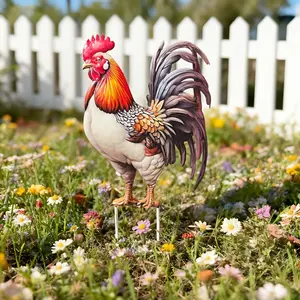 Colorful Iron Rooster Garden Stake Statue, Outdoor Lawn Decoration, Farmhouse Style Ground Ornament, Yard Potted Plant Accent, Holiday Gift
