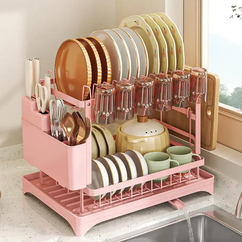 2-Tier Dish Drying Rack Dish DryingOrganiser with Drainboard Detachable DishDrainer Organizer Kitchen Gadgets Space SaverFoldable Storage Rack,Pink