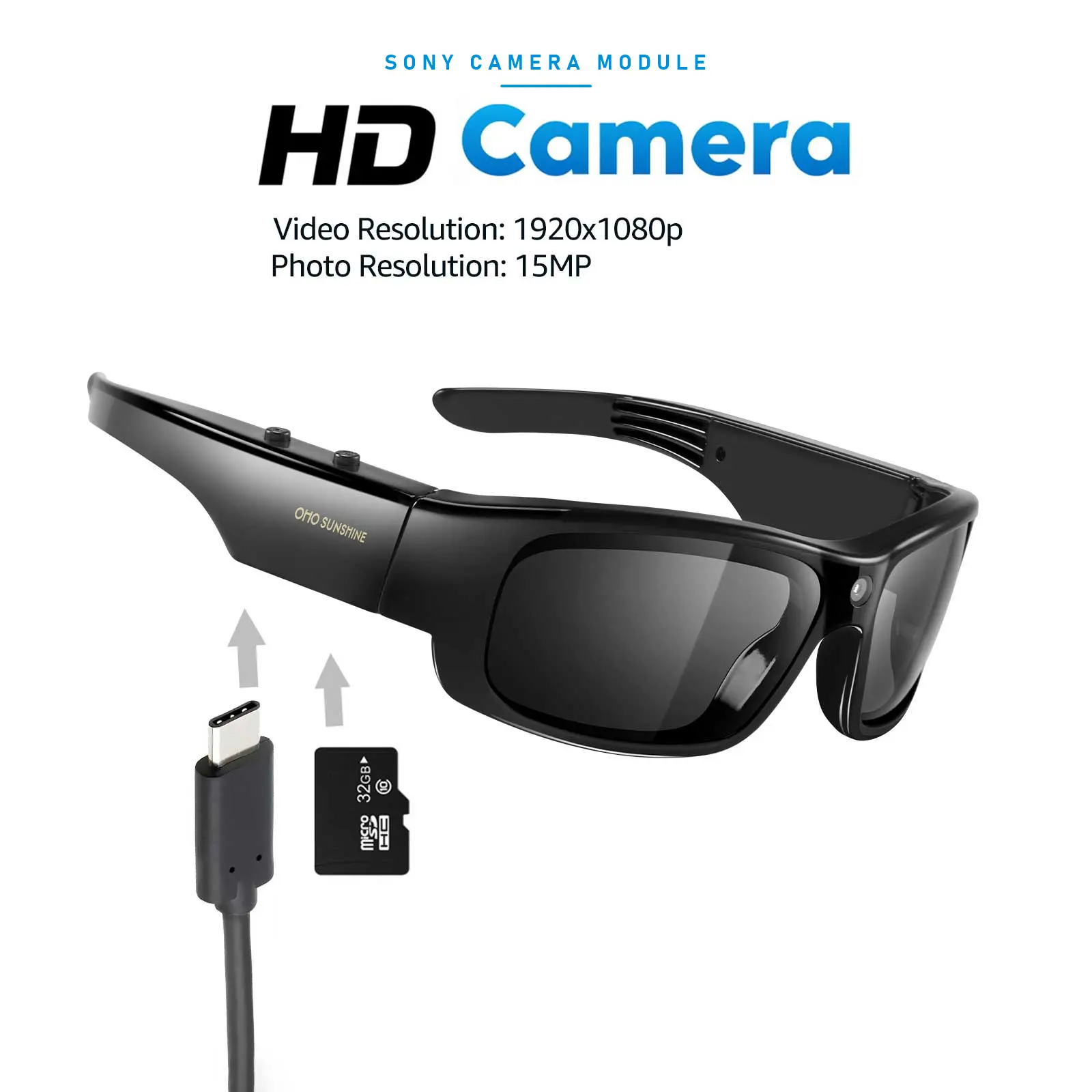OhO sunshine Focus Camera Glasses, smart glasses camera，Full HD 1080p Resolution Smart Glasses with Built-in 32GB Memory, Glossy Frame with UV400 Protection Black Lenses&Extra Clear & Yellow Lenses Electronic Gadgets smart glasses with camera smart glasse