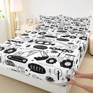 Cartoon Cars Kids Fitted Sheet,Tractor Truck Excavator Toddler Bedding Set,Girls Boys Adults Room Decor,Construction Vehicles Bed Cover,Black White Chic Bed Sheet
