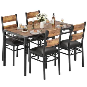 Space-Saving Dining Table Set for 4 – Wood Kitchen & Dining Room Table with 4 Upholstered Chairs, Sturdy Metal Frame, Corner Protectors – Ideal for Apartment or Modern Home – Vintage Gray/Black