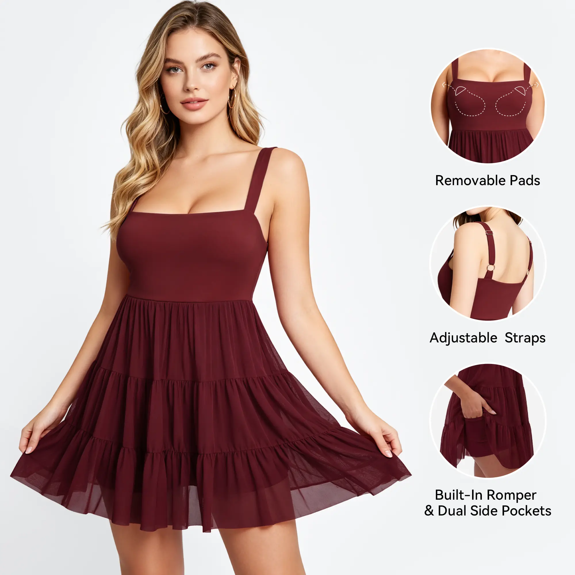 OYV Women's Square Neck Tiered Mesh Mini Dress - Casual Flowy Ruffle Sleeveless Sundress with Removable Padded Bust, Adjustable Straps, Built-In Shorts & Side Pockets for Summer