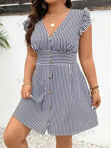 Plus Size A Line Summer Women's Striped Short Flying Sleeve A-Line Dress