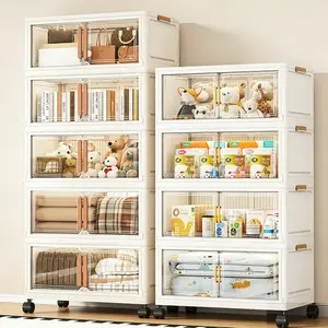 Large-capacity 18-inch wide multi-functional 1/4/5-layer folding storage cabinet with wheels, magnetic double-door design, suitable for kitchen, clothes, toys, books, etc. Perfect storage solution for living room, bedroom, office, and storage box