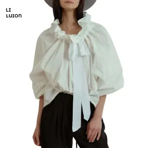 Women's Spring  Stripe Print Shirt Ruffled Necline Long Lantern Sleeve Loose Blouse Casual Elegant Tops