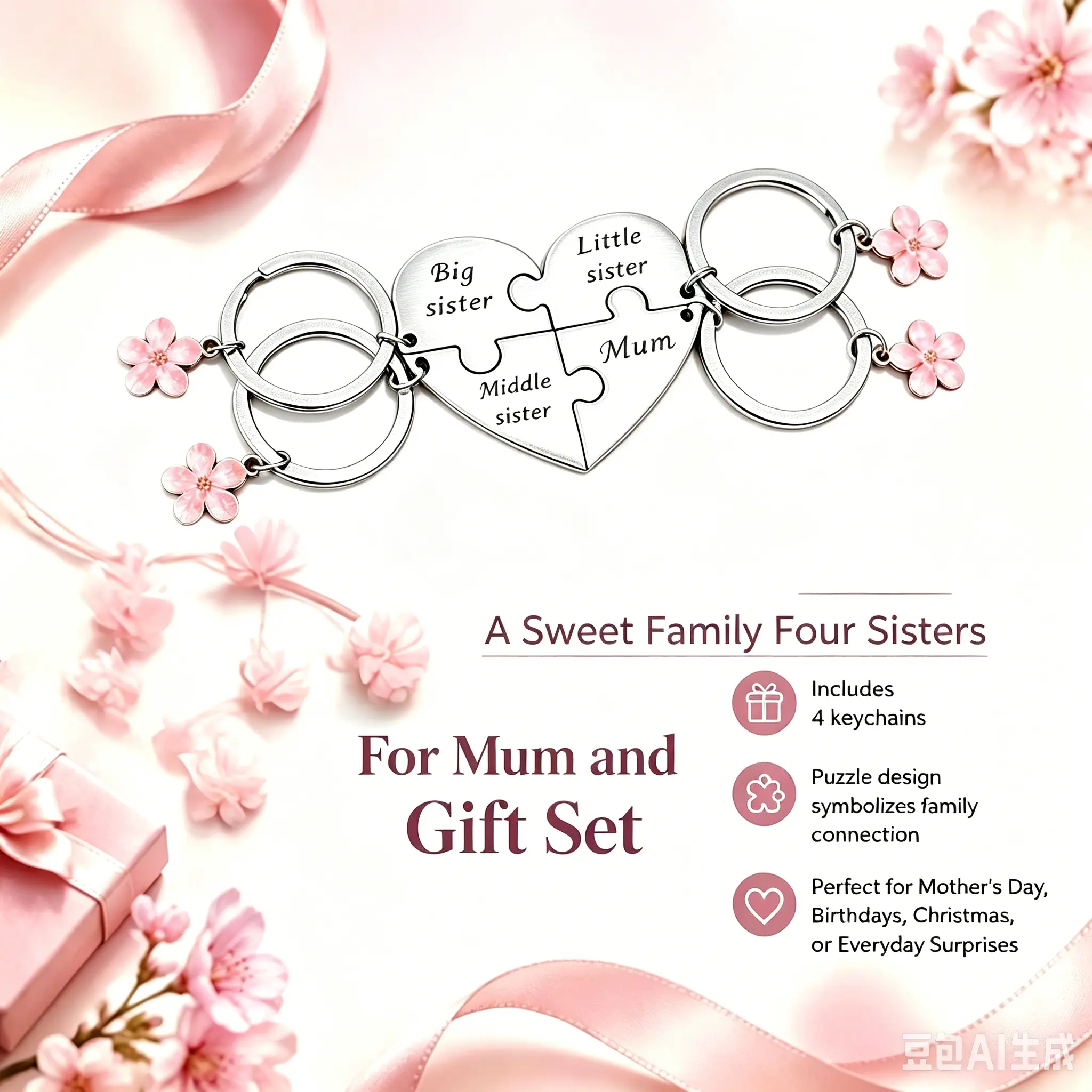 Mother Daughter Keychain for 4 – Mom & Three Sisters (Big, Middle, Little) – Thoughtful Gift for Mother’s Day, Birthday, or Any Occasion
