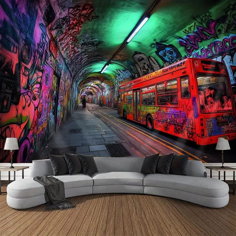1Pc Urban Graffiti Tunnel Tapestry - Vibrant Digital Print Polyester Velvet Wall Decor, Horizontal Wrinkle-Resistant Home Supplies, Indoor-Outdoor Wall Hanging for Living Room, Party Events