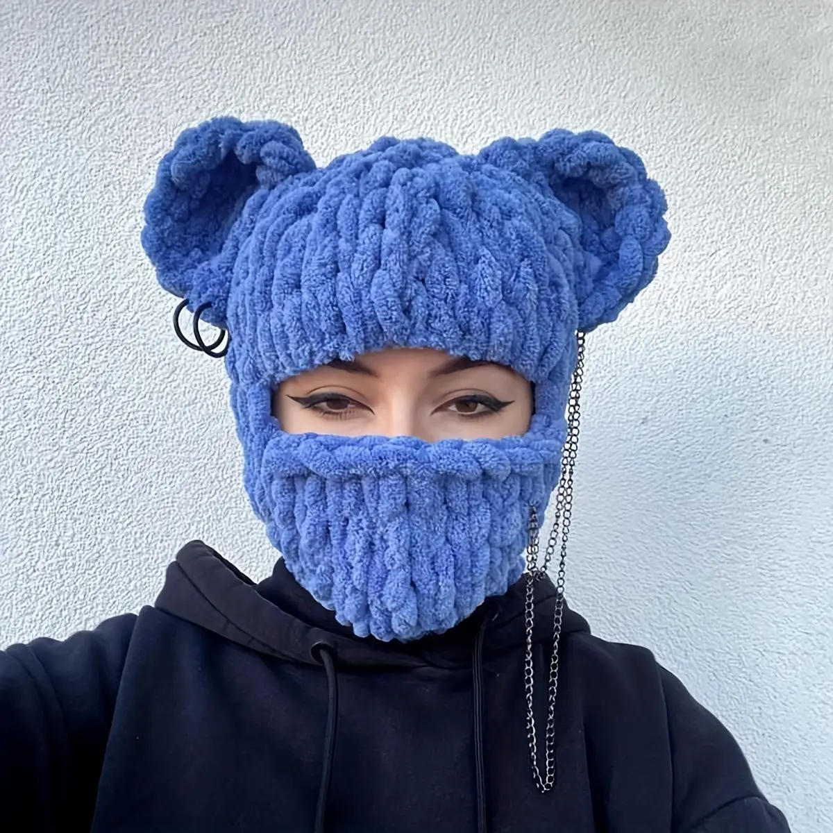 1pc Unisex Blue Fleece-Lined Hat with Bear Ears & Chain Detail - Elastic Stretch Fit Windproof Winter Beanie for Halloween, Outdoor Activities - Hand Washable Cold Weather Accessory, Winter Hat, Halloween Headwear, Trendy Headscarf, Soft Texture