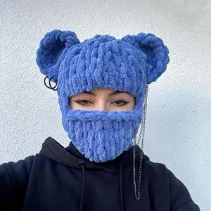 1pc Unisex Blue Fleece-Lined Hat with Bear Ears & Chain Detail - Elastic Stretch Fit Windproof Winter Beanie for Halloween, Outdoor Activities - Hand Washable Cold Weather Accessory, Winter Hat, Halloween Headwear, Trendy Headscarf, Soft Texture