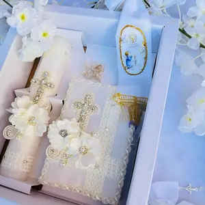 4-Piece Ivory First Communion Candle Religious Gift Set, Elegant Sacramental Decorative Candles with Spiritual Books (Boxed)