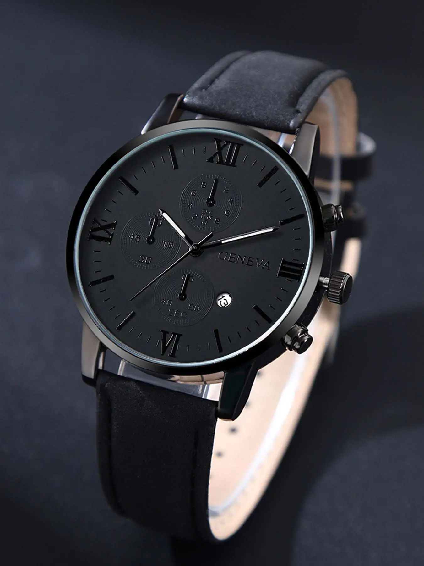1 piece/set of fashionable, versatile, personalized, street trendy, and business style men's black PU bracelet, Fashion Wristwatch, calendar quartz watch, Quartz Analog Wristwatch, the best gift for your boyfriend