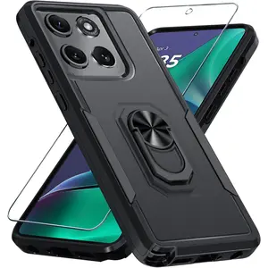 Compatible with Motorola Moto G Stylus 5G 2025 Case with Screen Protector,Heavy Duty Shockproof Full Body Protective Cover Built in Rotatable Metal Ring Holder Kickstand,Black Matte