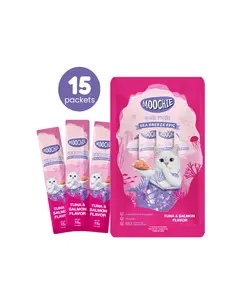 15 Lickable Cat Treats Sachets – Moochie Creamy Puree Tubes, Tuna & Salmon Flavor – High Protein, Grain-Free, Healthy Treats for Cats