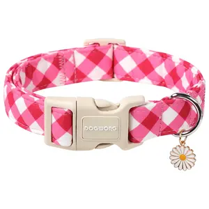 DOGWONG Cute Pink Plaid Dog Collar with Plastic Buckle, Adjustable Cotton Dog Accessory for Small Medium Large Dogs
