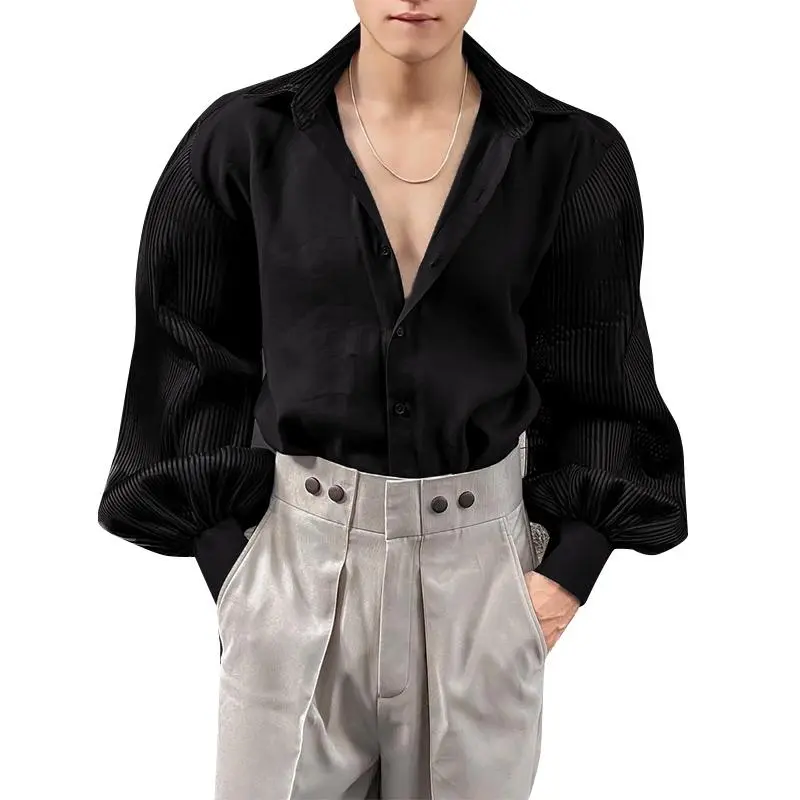 INCERUN Men's Fashion Long-Sleeve Shirt - Dark Aesthetic Dark Academia Style, Dramatic Pleated Bubble Sleeves, Party Attire for Creative Events, Menswear Top