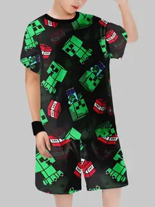 Boys' Pixel Style Short Sleeve Shorts Set, Cartoon Print Homewear Two-Piece, Casual Loose Fit, Natural Waist, All over Print Clothing