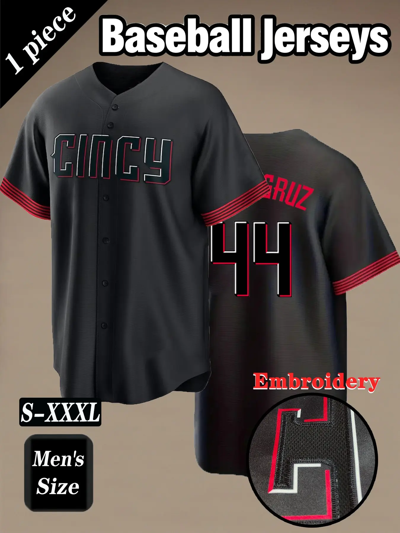 Men's 44 Black City style baseball jersey,Embroidery Sportswear,Cincinnati embroidery design daily casual short sleeved V-neck comfortable breathable, suitable for outdoor sports and games, street fashion hip-hop outfit