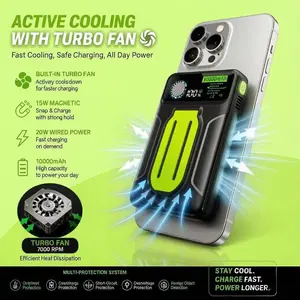 Freema 10000mah Magnetic Power Bank with Fan, 15w Wireless Charging, 20w Fast Charging, Portable Charger for iPhone & Android