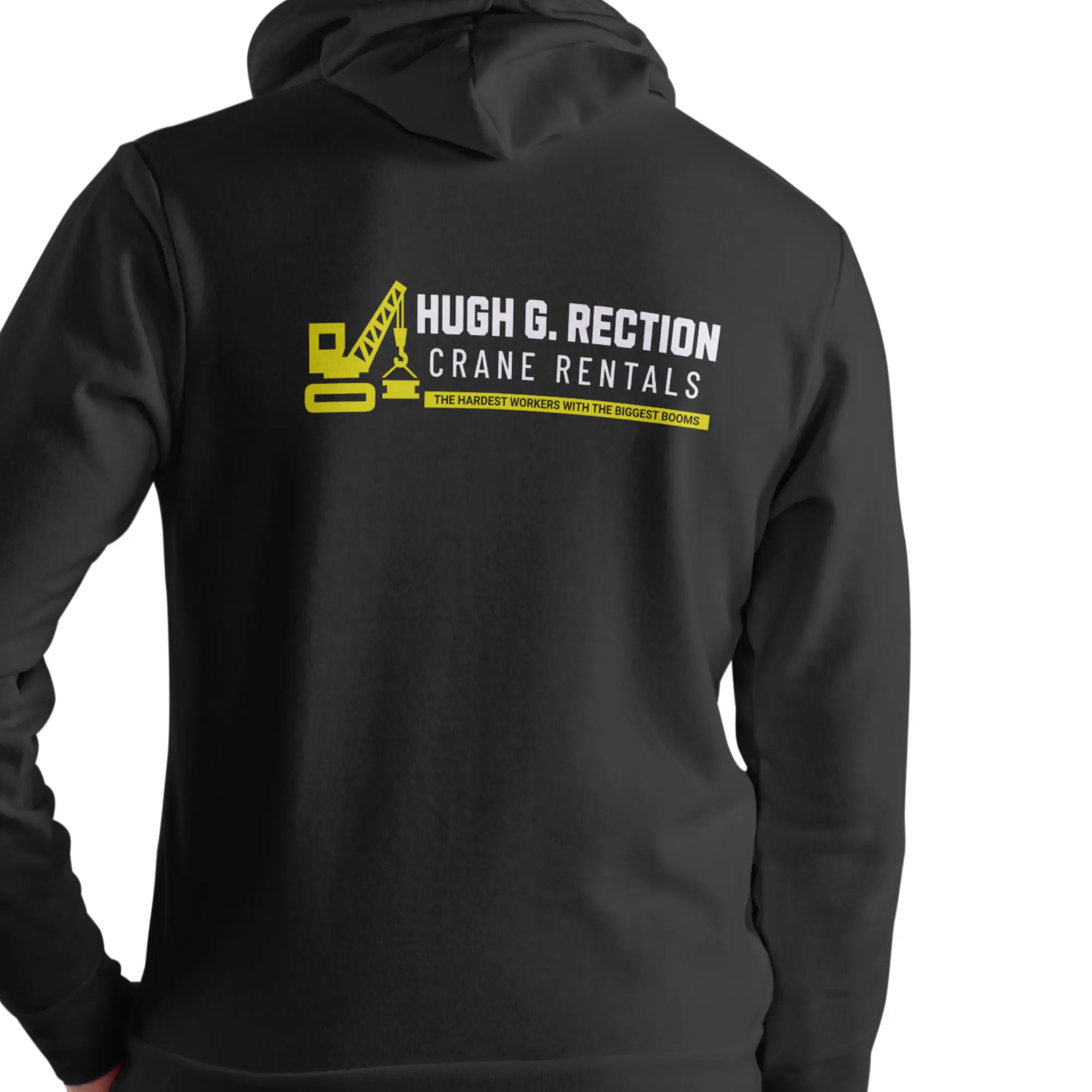 Funny Hoodie with 'Hugh G Rection Crane Rentals' Graphic, Unisex Cotton Pullover Tops, Long Sleeve Novelty Print, Humorous Gift, Menswear
