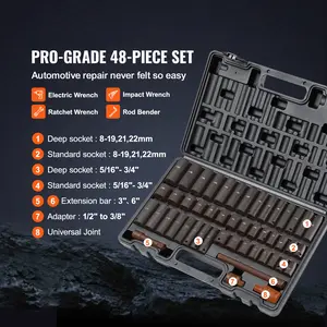Rive Impact Socket Set, 48 Piece Socket Set SAE  & Metric 8-mm 6 Point Cr-V Drive Extension Bar Universal Joint & Power Drill Adapter Includes Storage Case