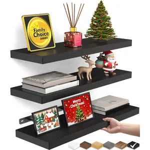 Floating Wall Shelves Set of 3 Rustic Black Wood Shelves 15.7in Wall-Mounted Storage & Decor for Bathroom, Bedroom, Living Room, Kitchen Durable Hanging Shelves for Books, Plants, Accessories 22lbs Capacity