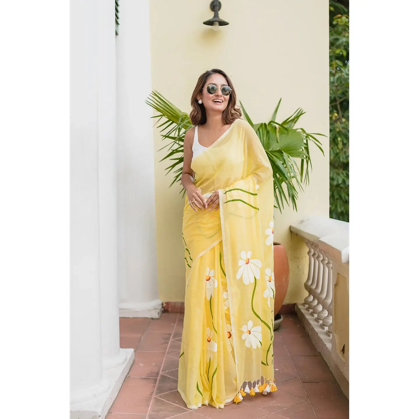 Yellow Hand Painted Mulmul Cotton Saree