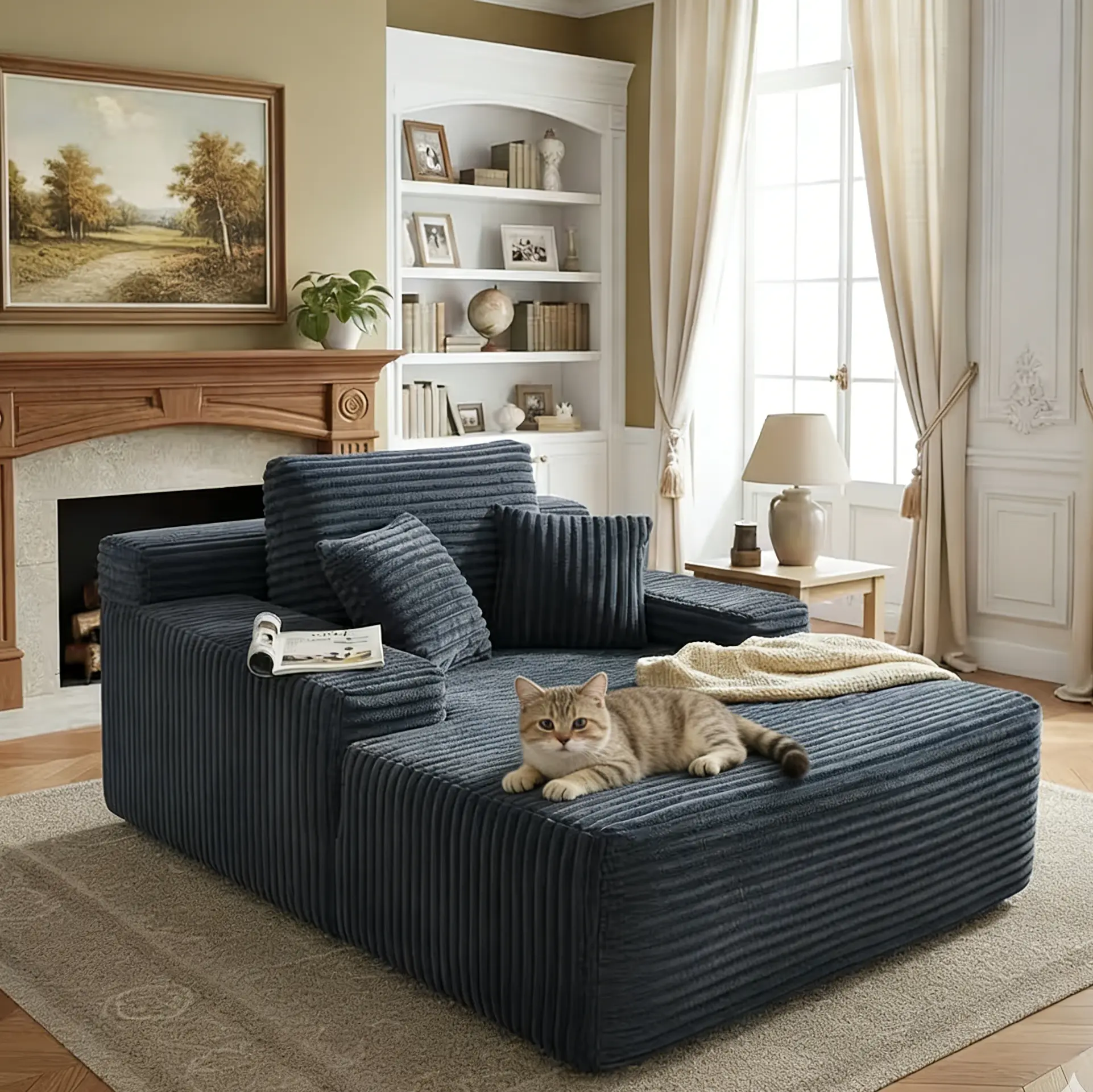 67-Inch Extra-Large Frameless Lazy Oversized Sectional Sofa boneless Lounge couches Chair with Pillows Bed, for Indoor Bedrooms; Comfortable Corduroy-Upholstered Sofa Bed; Deep-Seated Single Sofa; Ready-To-Use Living Room Sleeper Sofa
