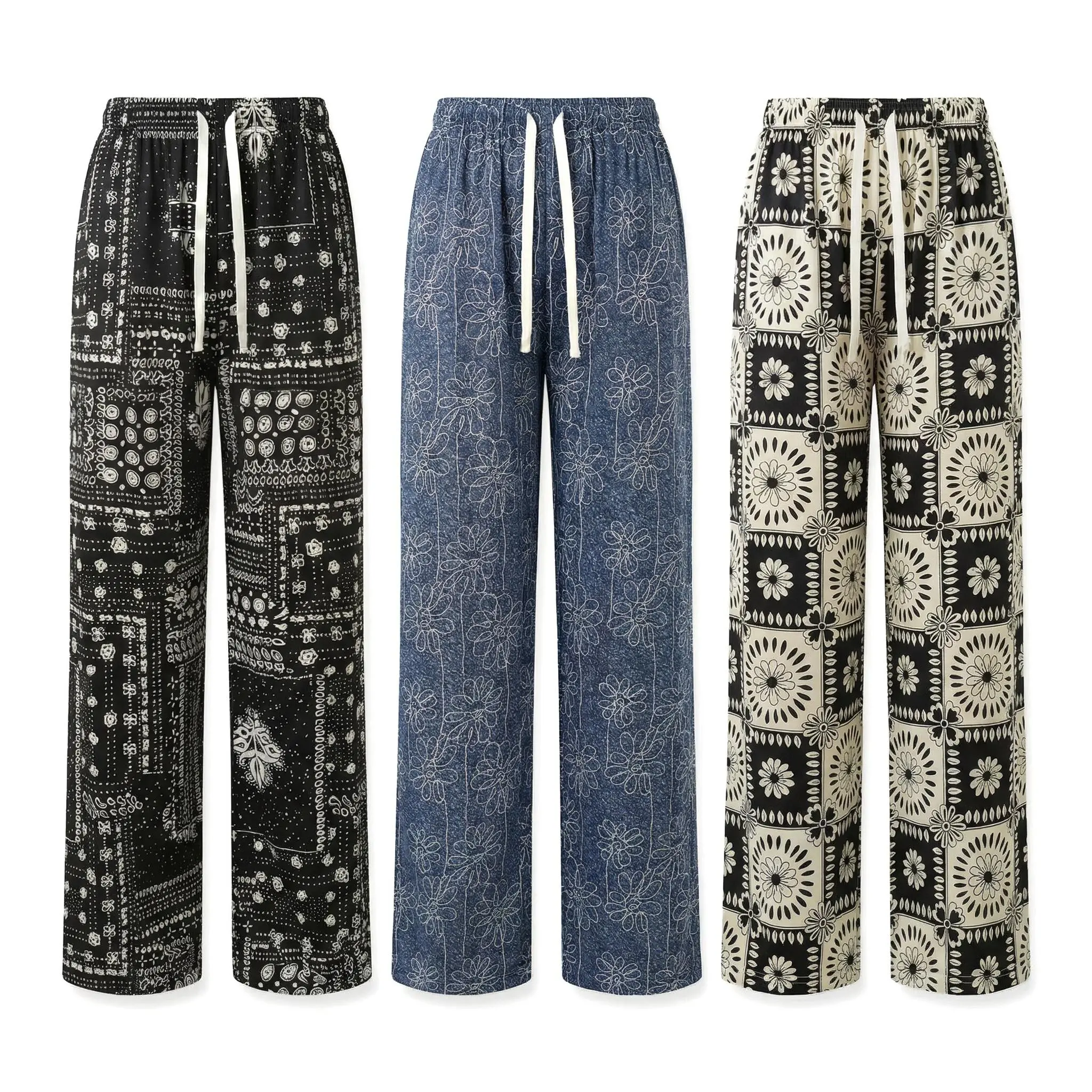 3 Pack Women's Vintage Wide Leg Pants, High Waist Drawstring Comfy Lounge Pants, Retro Bandana Floral Geometric Print Casual Flowy Trousers, Soft Breathable Loose Fit Summer Pants for Women Daily Wear Beach Vacation Home