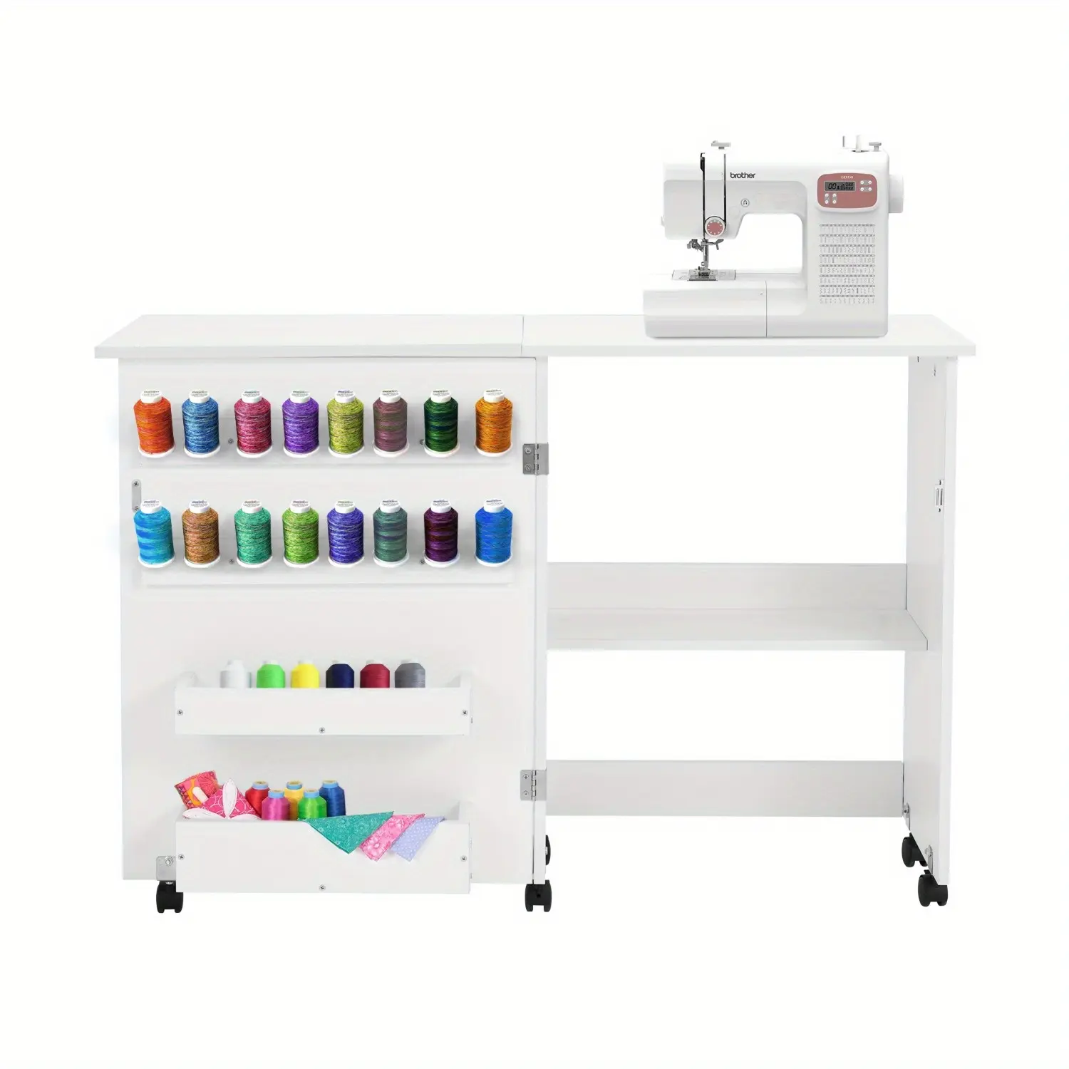Folding Sewing Table, Portable Craft Station with Storage Shelf, Caster Wheels, 16 Pegs, Magnetic Door