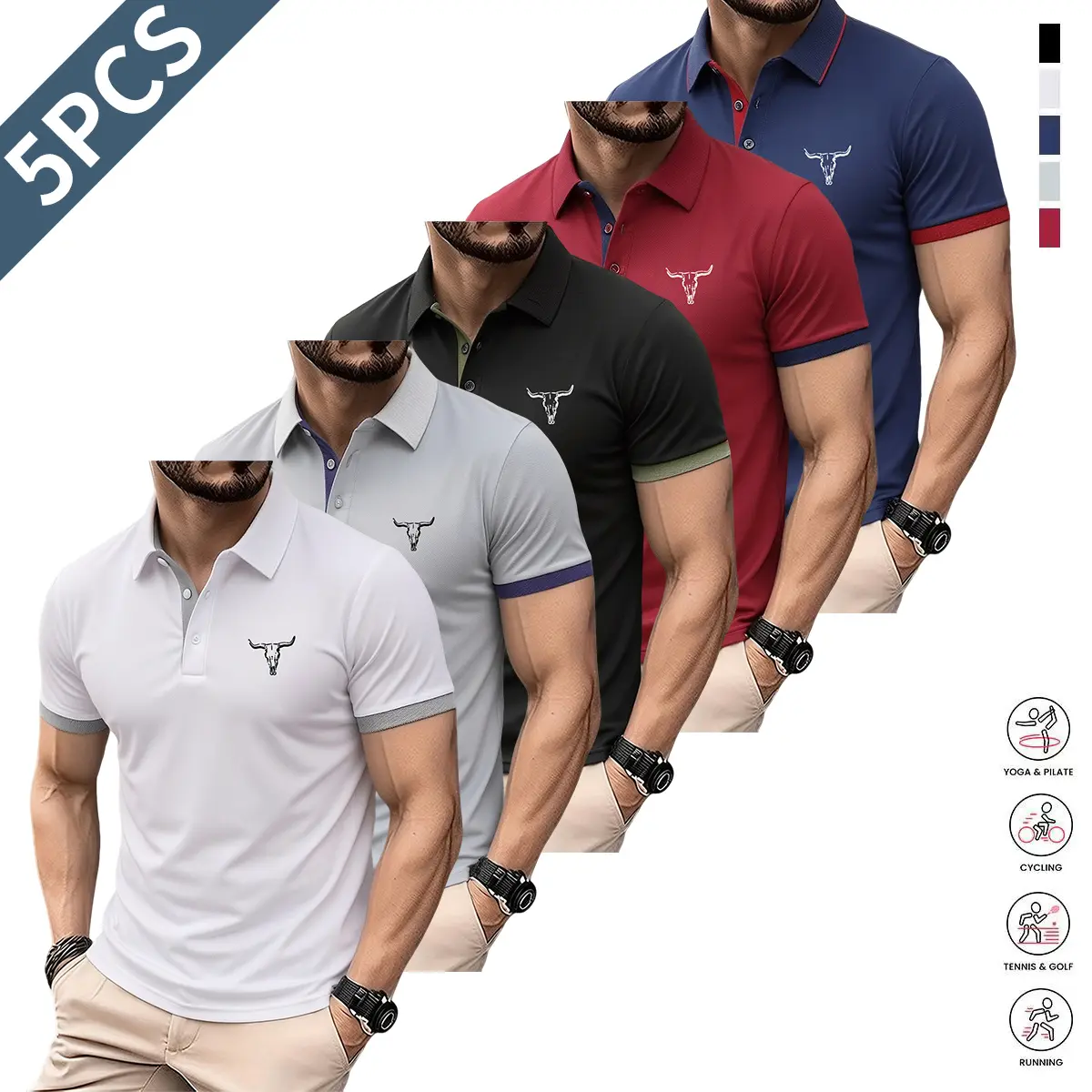 Men's 5-Pack Solid Polo Shirts, Stylish Short-Sleeve Breathable Menswear for Business and Casual Wear, Shortsleeve, Top, Basics, Fashion, Sporty Chic, M