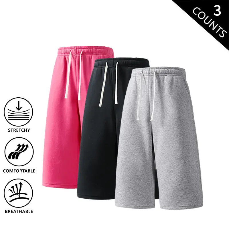 3-Pack Men’s 3/4 Length Sweat Shorts, Elastic Waist Drawstring Casual Capri Pants, Stretch, Breathable, Comfortable Knee-Length Lounge Shorts for Daily & Streetwear