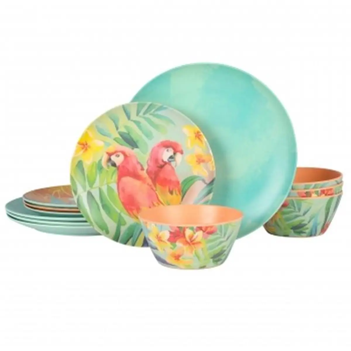 Laurie Gates 136568.12 Child-Friendly Tropical Parrots Melamine Dinnerware Set - 12-Piece, Chip-Resistant, Dishwasher Safe, Assorted Designs for Park & Everyday Use, Safe for Kids to Handle, Includes Dinner Plates