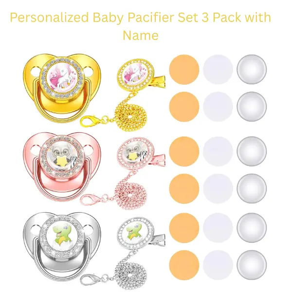 Personalized Baby Pacifier Set 3 Pack with Name, BPA Free Bling Pacifiers for Newborn Boys Girls, Baby Shower Summer Gift