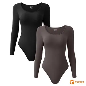 OQQ-Nine cents Women's 2 Piece Bodysuits Sexy Ribbed One Piece Long Sleeve Crew Neck Tops Bodysuits Soft Stretchy Womenswear Underwear SpringStatements