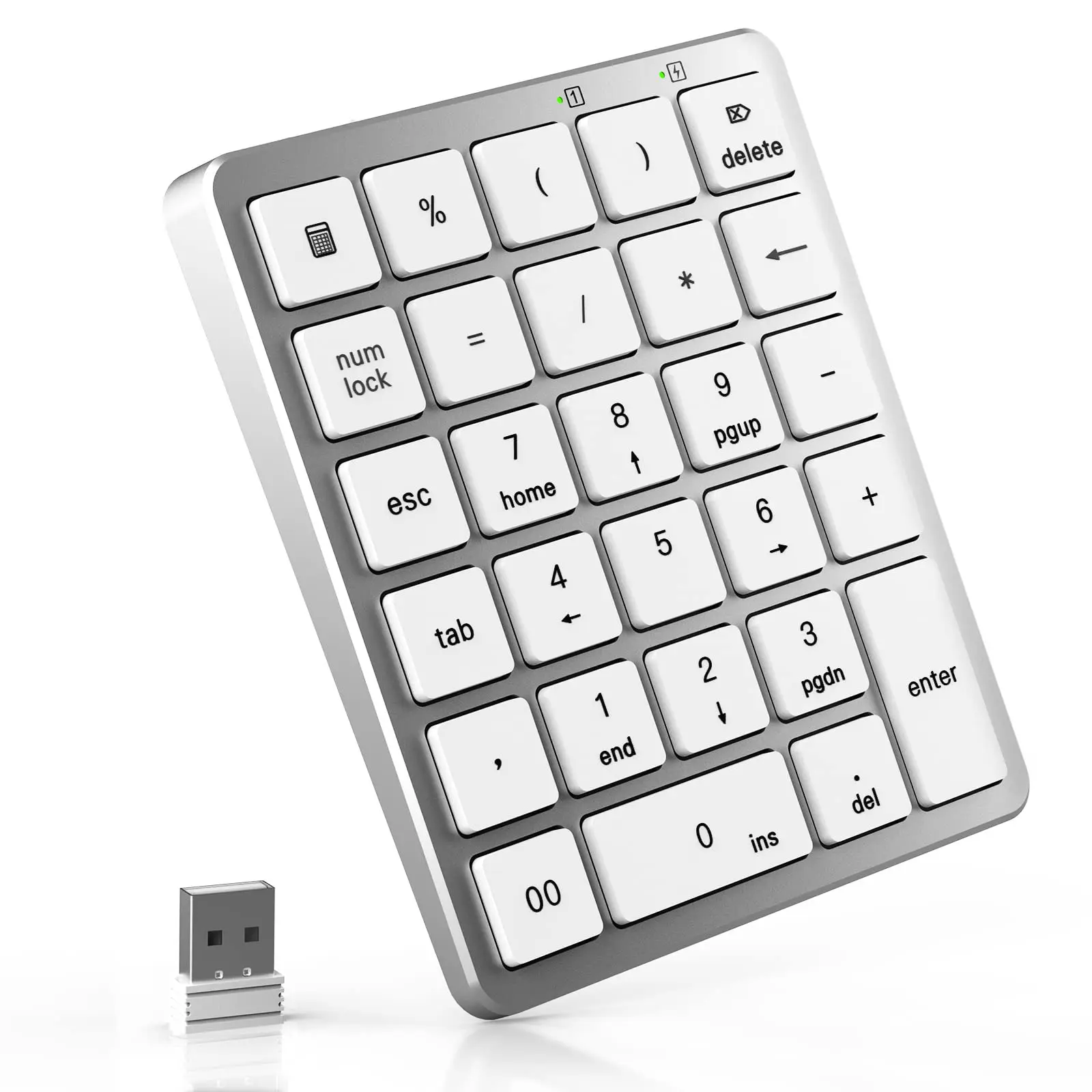 Cimetech 28-Key Wireless Numeric Keypad - Silver USB-C Comfortable Numeric Pad with Batteries, 2.4G Mini USB Receiver, 15° Tilt Design, 33ft Range, Tactile Switch, Mini Scissor, Delete/Esc/Calculator Key, Portable for Financial Accounting (Laptop, PC)